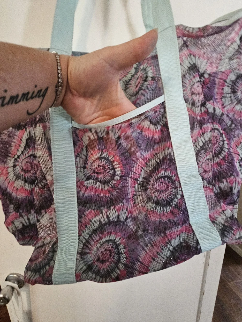 Light Blue-Handled Tie-Dye Tote Bag